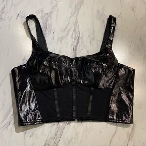 Say What ? corset mesh bra crop top Faux leather PVC zip front